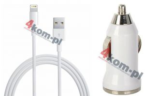 Ładowarka samochodowa + 2m. Kabel USB 8pin iPhone iPod iPad - Biały